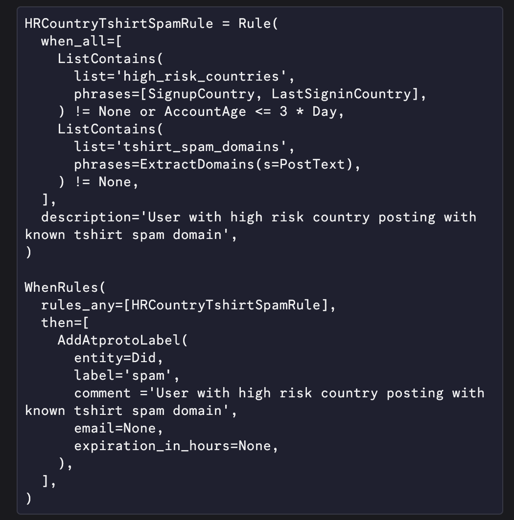a code snippet of an Opsrey rule targeting spammers posting about tshirts